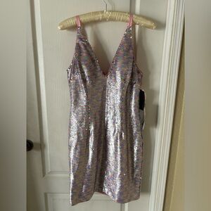 AIDAN MATTOX Womens Sequined Sleeveless V Neck Mini Sheath Dress